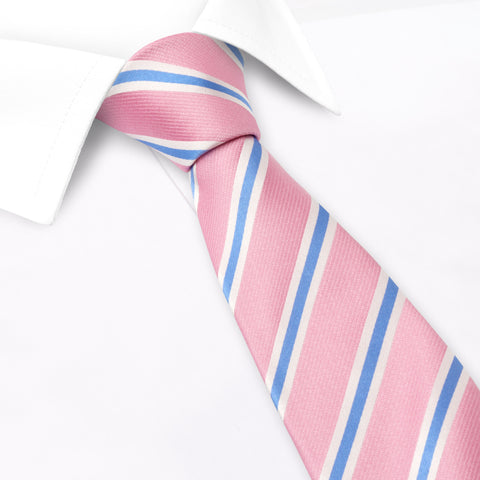 Pink Woven Silk Tie with Blue and White Stripes