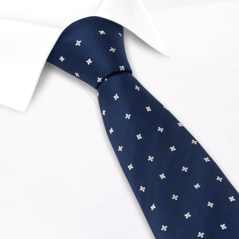 Navy & Silver Flower Spot Silk Tie