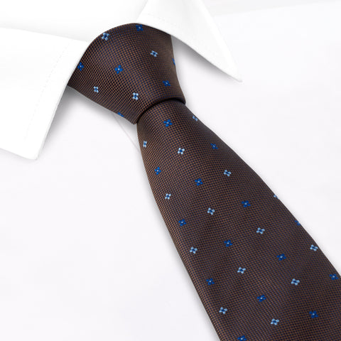 Brown & Blue Flower Spot Silk Tie