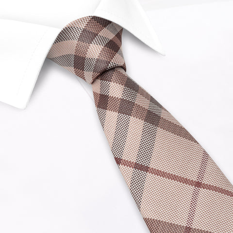 Beige & Brown Tartan Silk Woven Tie