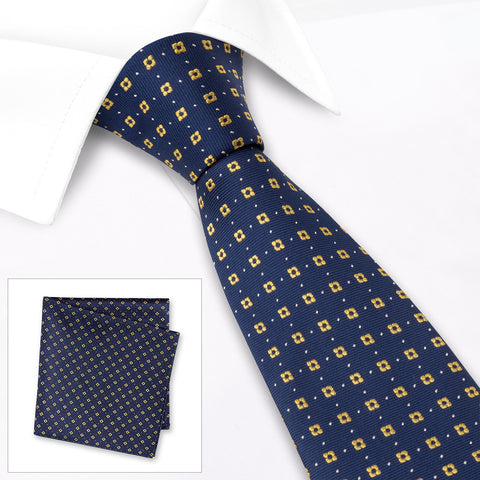 Navy & Yellow Flower Spot Silk Tie & Handkerchief Set