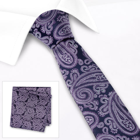 Purple Paisley Luxury Slim Silk Tie & Handkerchief Set