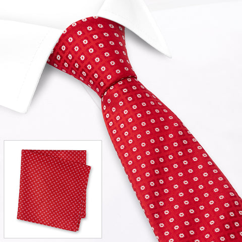 Red & White Classic Floral Spot Silk Tie & Handkerchief Set