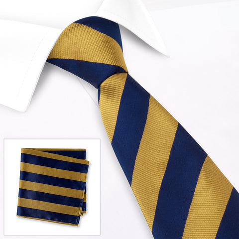 Navy & Yellow Striped Woven Silk Tie & Handkerchief Set