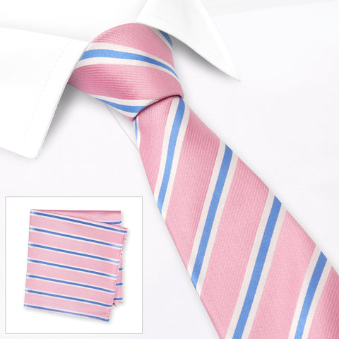 Pink Woven Silk Tie with Blue and White Stripes Silk Tie & Handkerchief Set