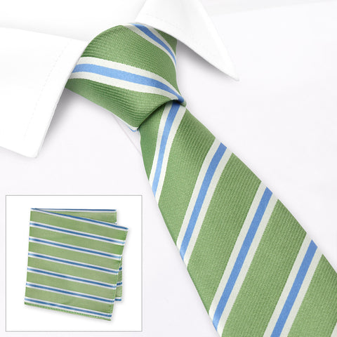 Green with White and Blue Silk Tie & Handkerchief Set