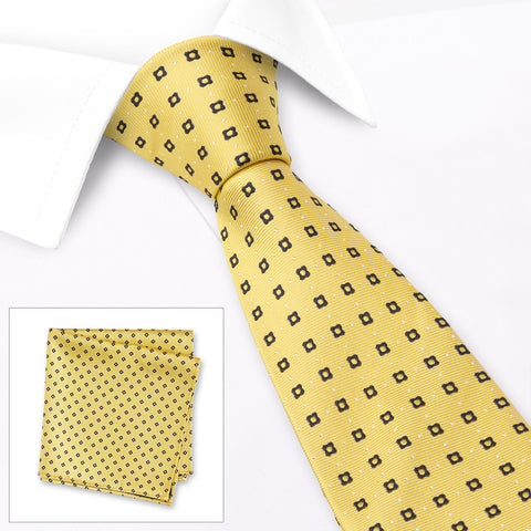 Yellow & Navy Flower Spot Silk Tie & Handkerchief Set